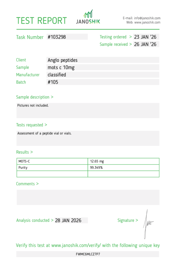 MOTS-c – 10mg Batch #106 premium Research Peptide