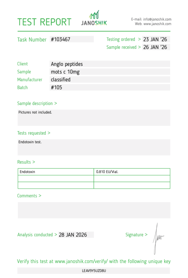 MOTS-c – 10mg Batch #106 premium Research Peptide
