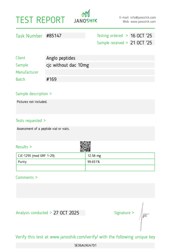 Cjc-1295 without dac 10mg BATCH #170 premium Research Peptide