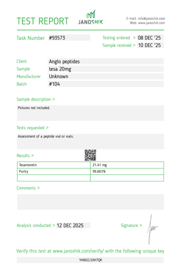 Tesamorelin– 20mg (NEW BATCH 105 ) premium Research Peptide