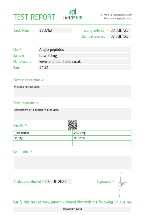 Tesamorelin– 20mg (NEW BATCH 105 ) premium Research Peptide