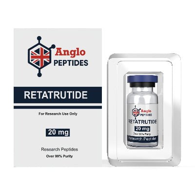 Retatrutide 20mg peptides vial with packaging for research use only, featuring over 95% purity.