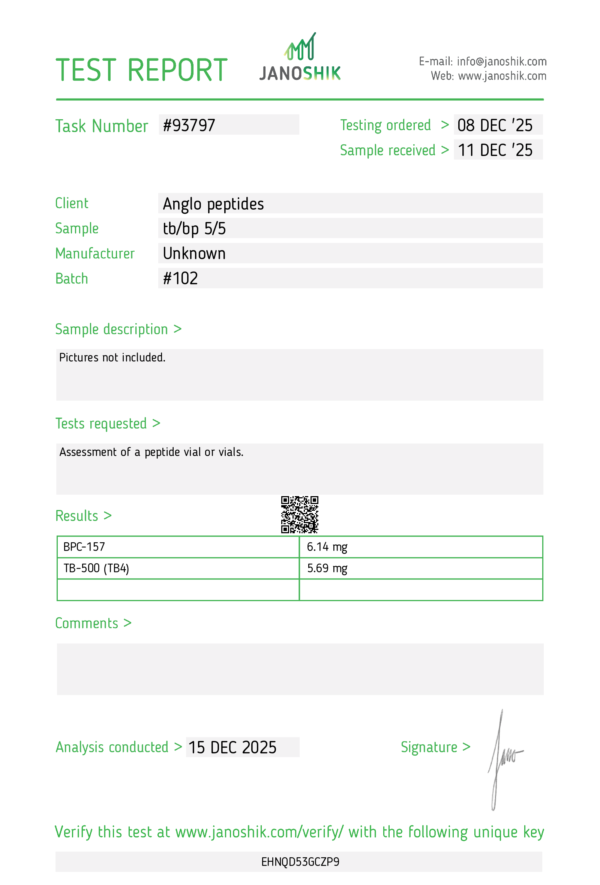 TEST REPORT for BPC-157 & TB4 Blend 5mg5mg new batch 102 Research Peptide showing results and analysis details.