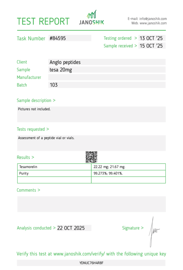 Tesamorelin– 20mg (NEW BATCH 105 ) premium Research Peptide