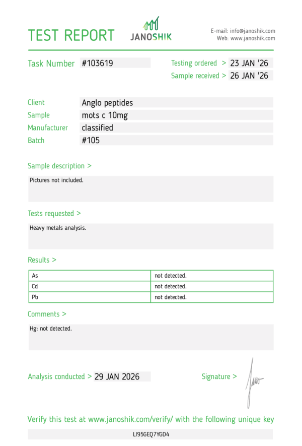 MOTS-c – 10mg Batch #106 premium Research Peptide