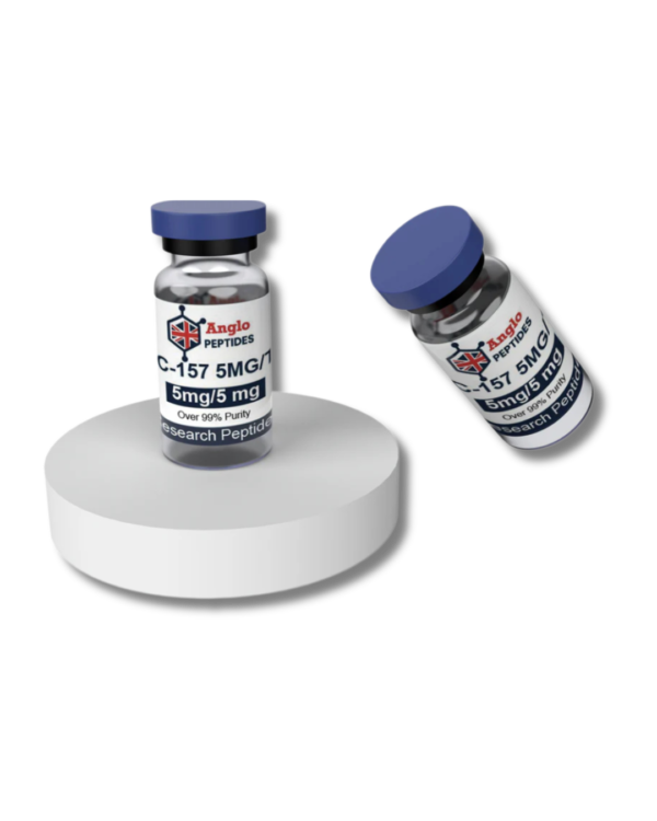 BPC-157 & TB4 Blend 5mg5mg new batch 102 Research Peptide vials displayed on a white platform.