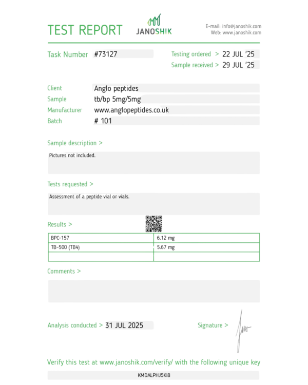Test report document showing details and results for the analysis of vials, dated 31 JUL 2025.