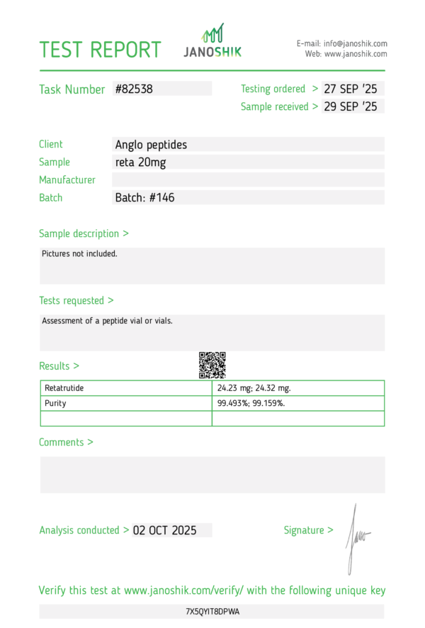 Retatrutide – 20mg BATCH #149 Research Peptide uk