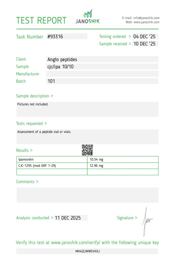 CJC-1295 Without DAC / Ipamorelin 10mg / 10 mg BATCH 101 RESEARCH PEPTIDES