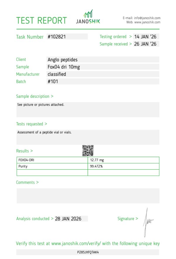 FOX-04 DRI research peptide 10 mg batch 101