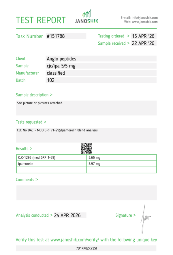 CJC-1295 (Without DAC) / Ipamorelin 5 mg / 5 mg BATCH 102 premium RESEARCH PEPTIDES