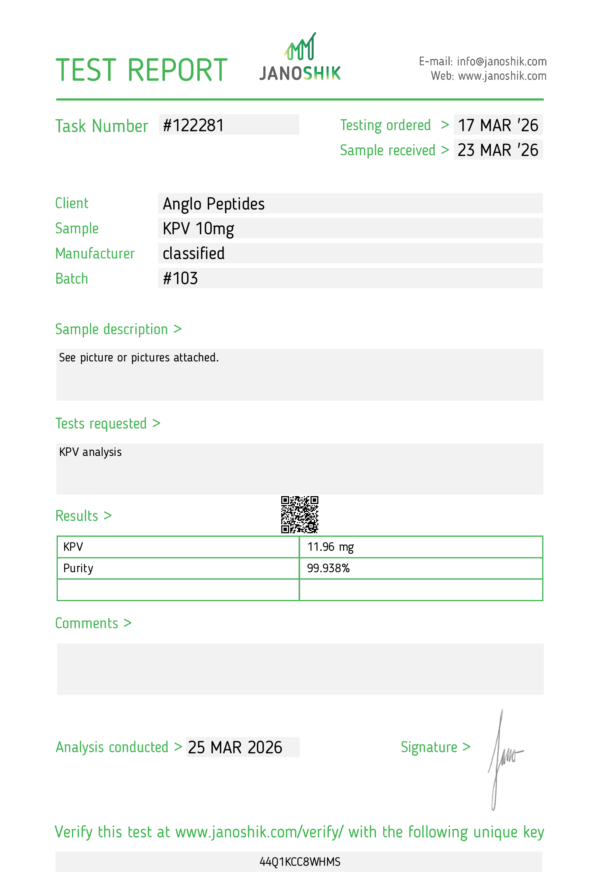 KPV– 10mg premium Research Peptide (BATCH 103)