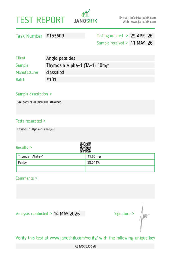 ta-01 jano THYMOSIN ALPHA-1 research peptide batch #101